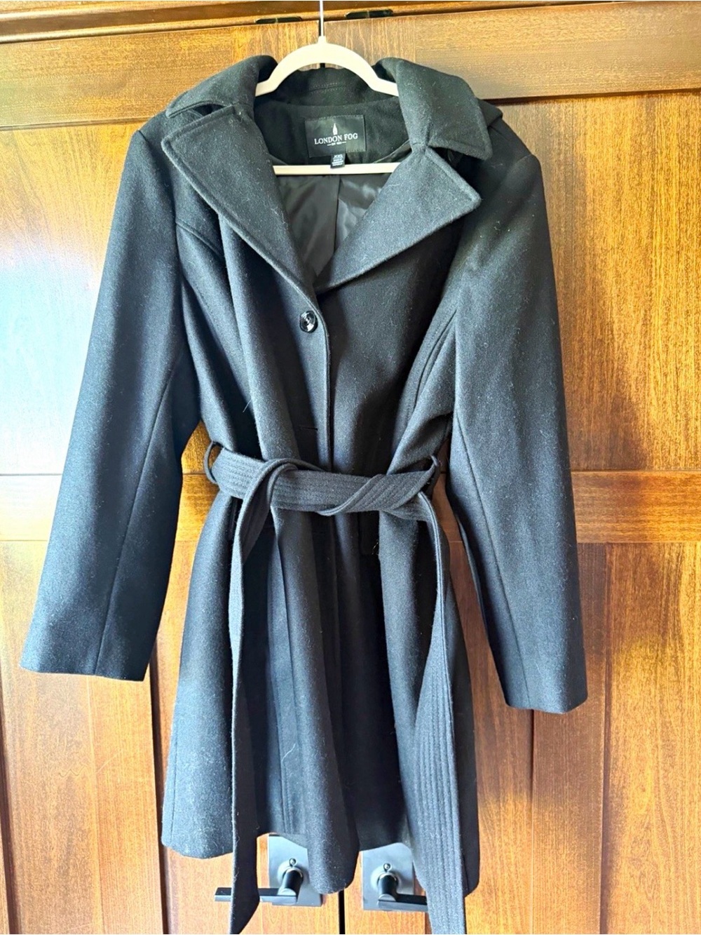 London Fog Black Belted Wool-Blend Trench Coat